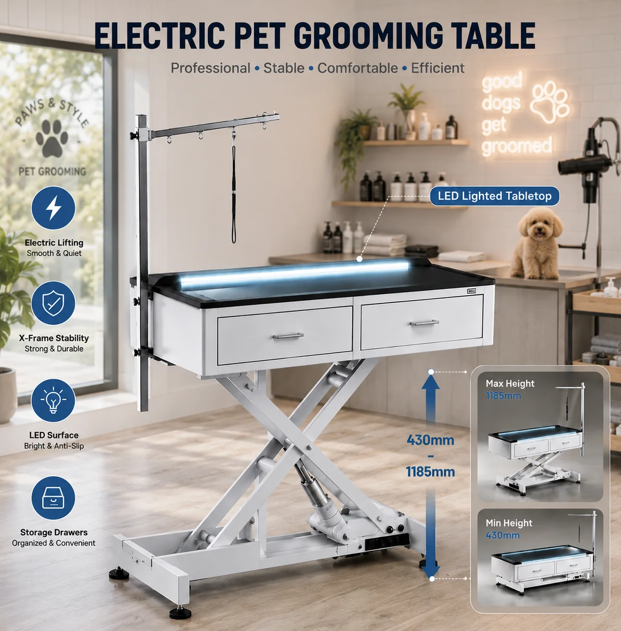 EUR PET  Electric Dog Grooming Station Stainless Steel Grooming Table with Charge Adjustable Height for Salon