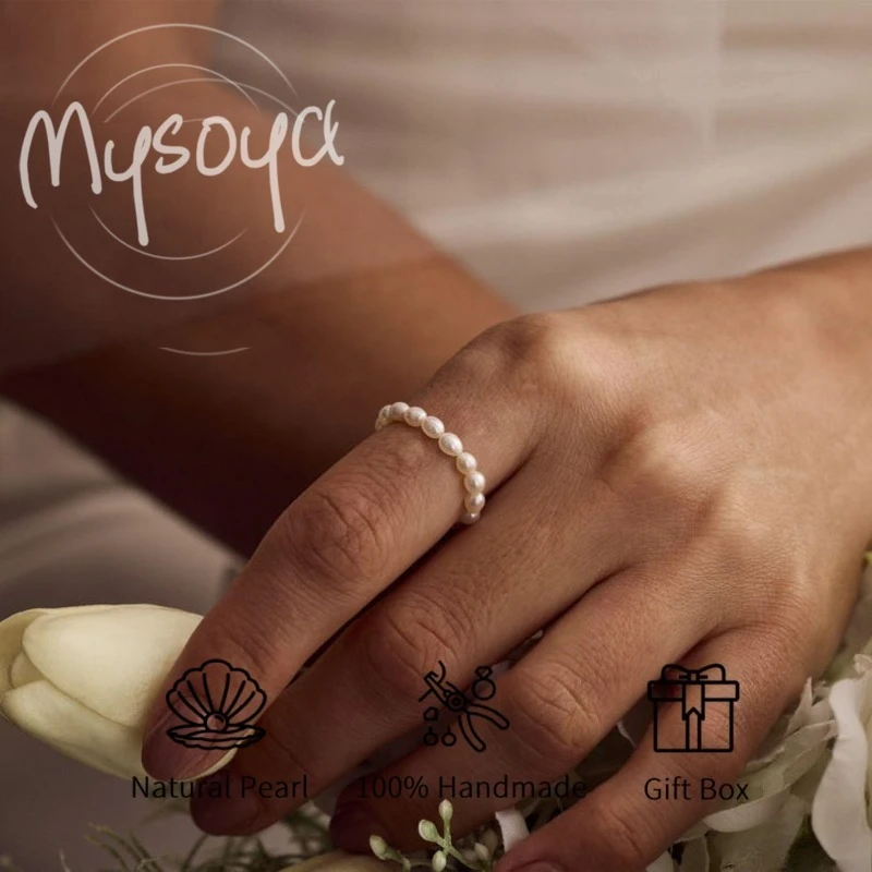 

MYSOYA White Rice-shaped Freshwater Pearl Ring 3-4mm With Gift Box For Her/Him Birthday/Wedding/Christmas/New Year Gift