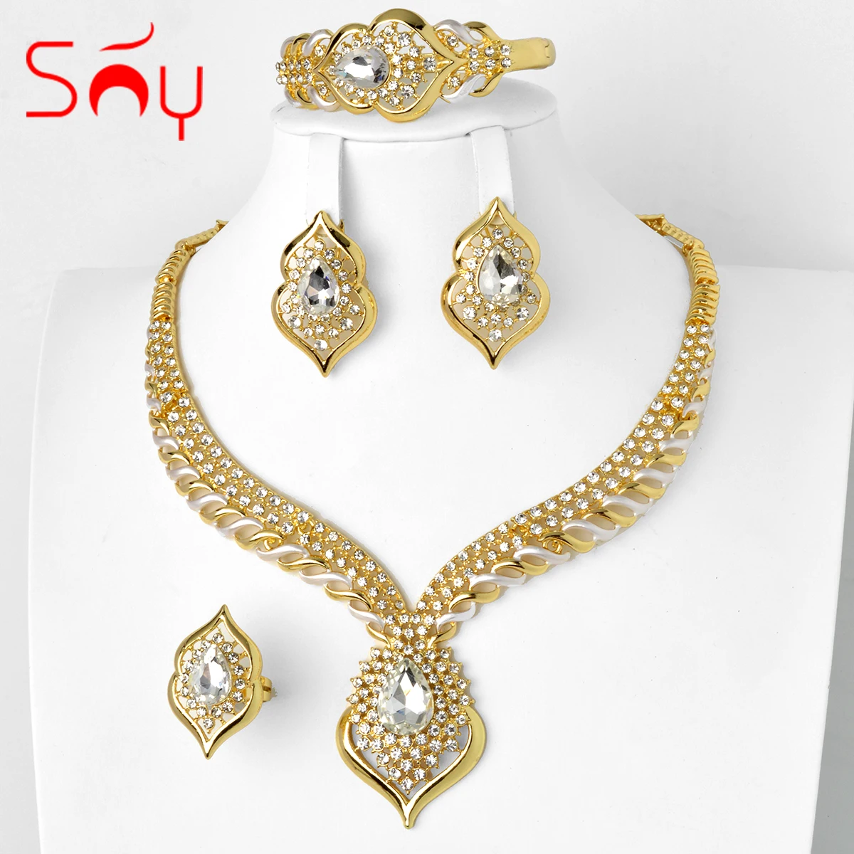 

Sunny Jewelry Set Shiny Drop Shaped Zircon Gorgeous Earrings Necklace Bracelet Ring For Women Bridal Wedding Costume Sets