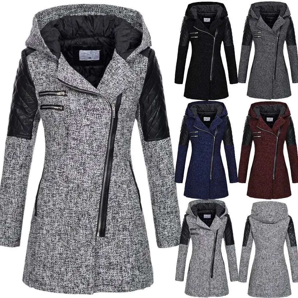 

Eaby Women's Autumn Winter Thickened Woolen Coat Hooded Loose Diagonal Zipper Jacket Full Sleeve Length Poly Fiber Material
