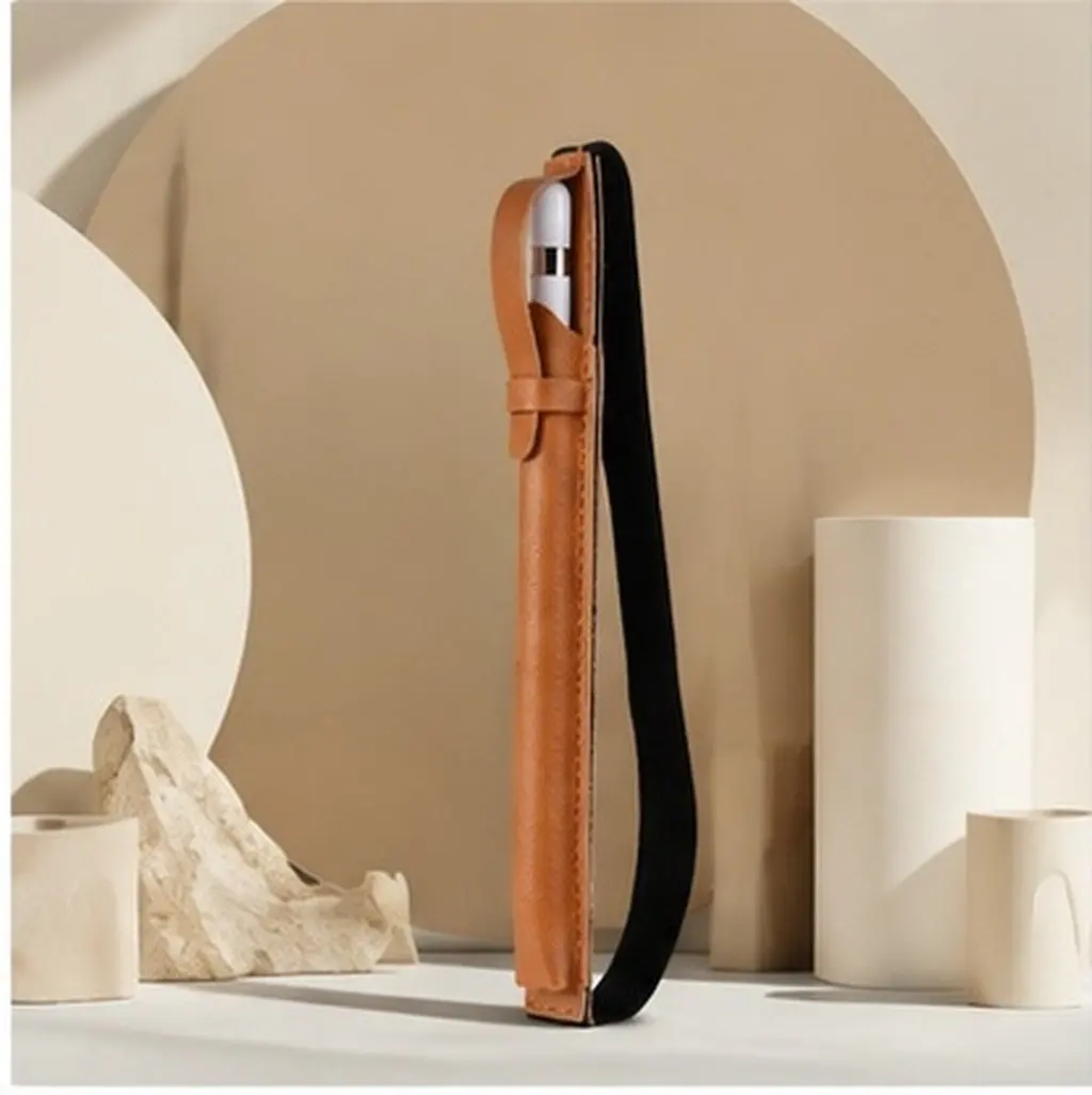 Capacitive Stylus Pen Cover Light Brown PU Pencil Holder Case Elastic Clip Portable Travel Stylus Pen Case for