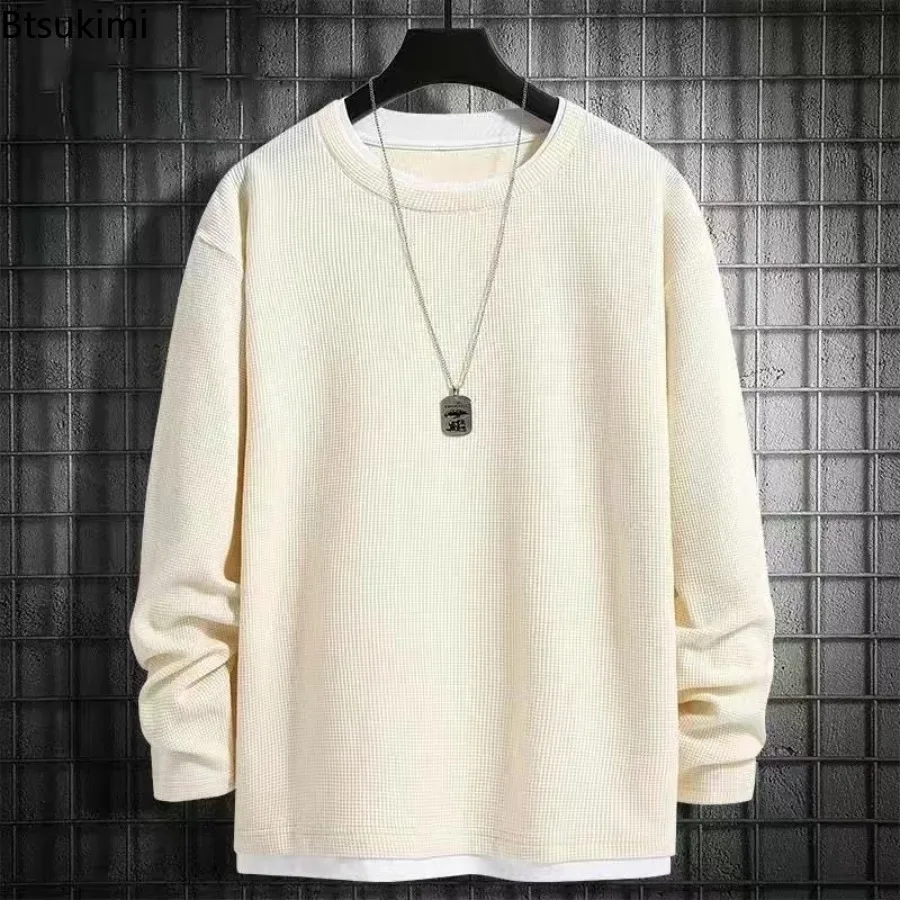 

2025 Spring Autumn Men's Solid Color Waffle Hoodies Loose Casual Long Sleeve Sweatshirts Fashion All-match Men Sport Hoodie Tops