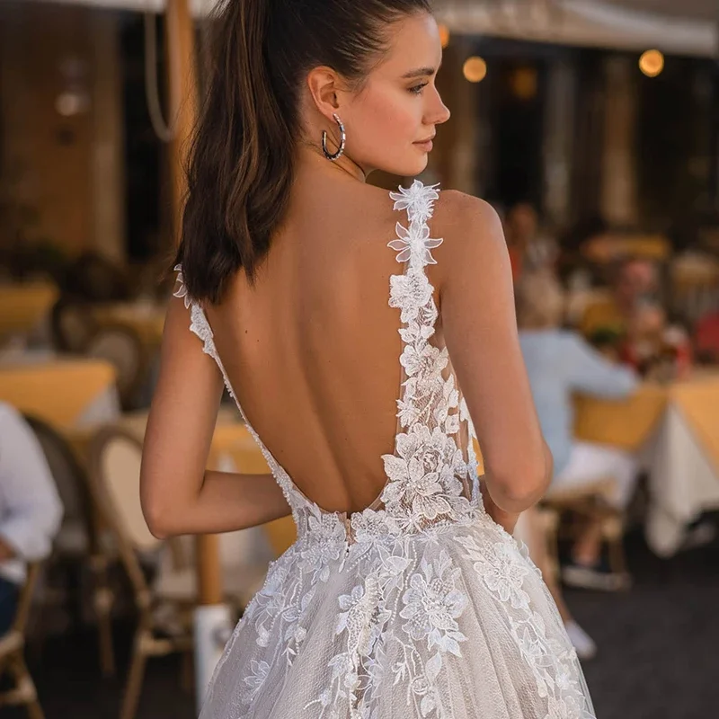 3D fiori Appliques di pizzo abiti da sposa Sexy punti divisi laterali abito da sposa in Tulle 2023 profondo scollo a v Backless sposa abiti da sposa