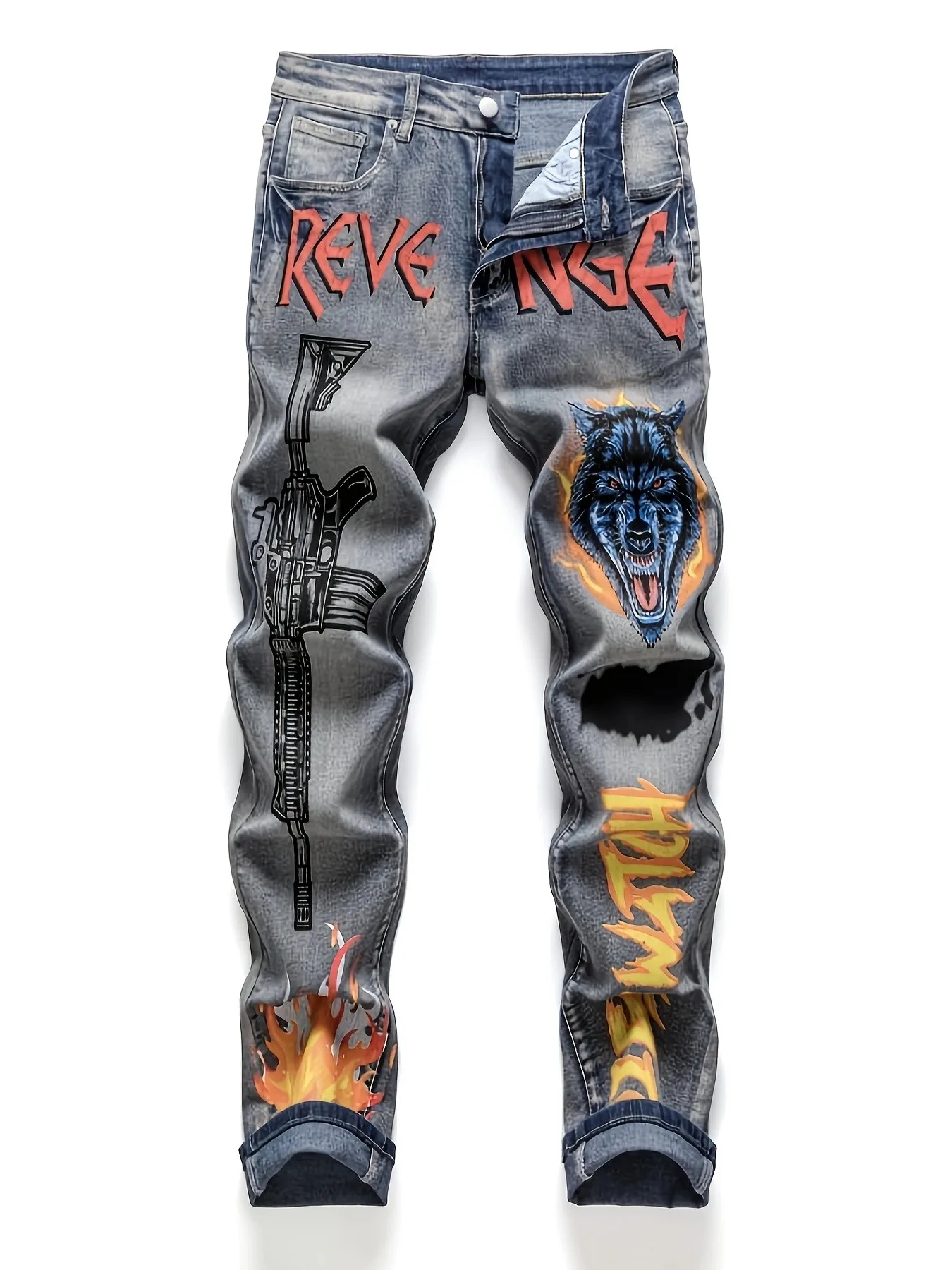 

New M4 Wolf Head Flame Print Y2K Full Sweep Retro Trend Straight Jeans