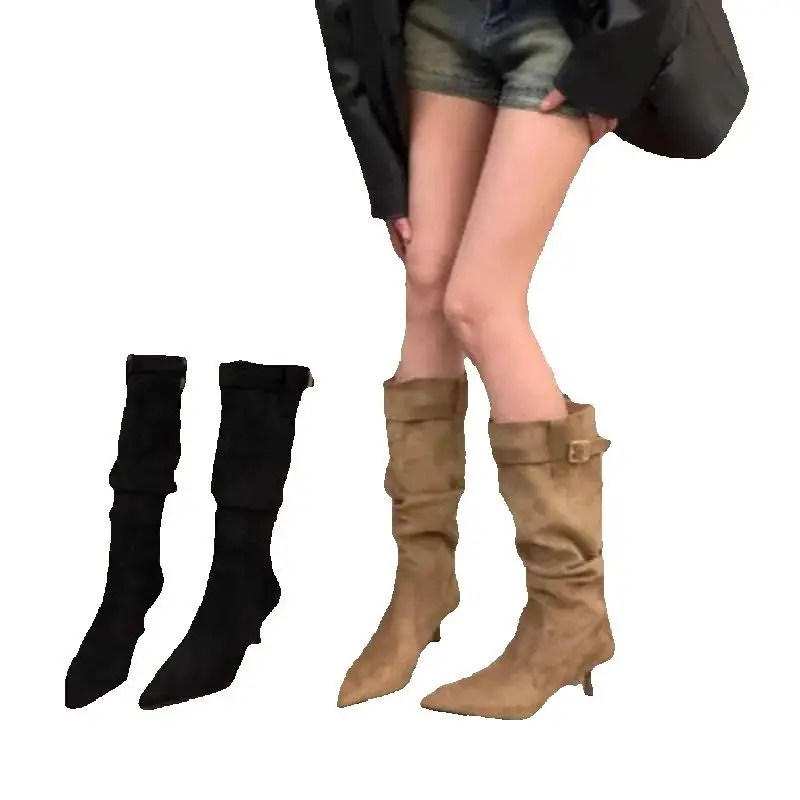 

Women's 2024 Fashion Pointed Suede New Retro Belt Buckle Decoration Autumn Winter Solid Color Black Khaki Warm Soft Boots