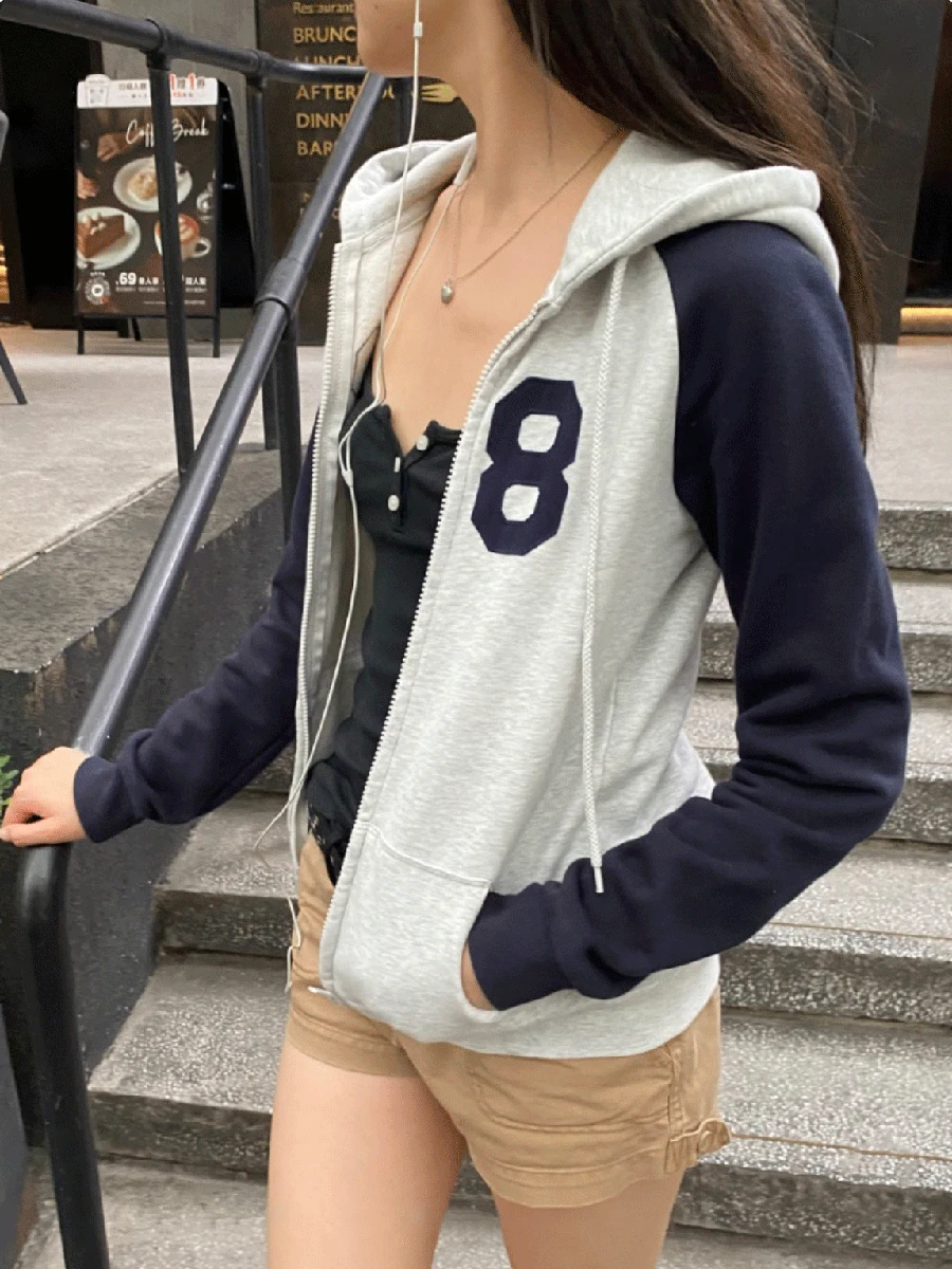 

28 Embroidery Zip-up Hoodie Women Autumn Patchwork Raglan Sleeve Cotton Hooded Sweatshirt Vintage Streetwear Slim Hoodies Y2k