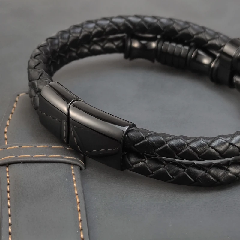 Luxury Genuine Black Leather Beads Bracelet For Men Stainless Steel Magnetic Clasp Fashion Punk Multi-Layer Bangles Male Jewelry
