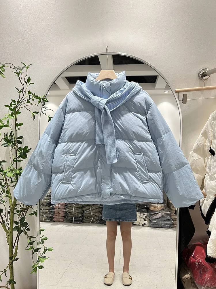 Women White Duck Down Jacket with Knitted Hood Scarf Loose Casual Warm Autumn Winter Short Outwear 10 Colors 2023 New