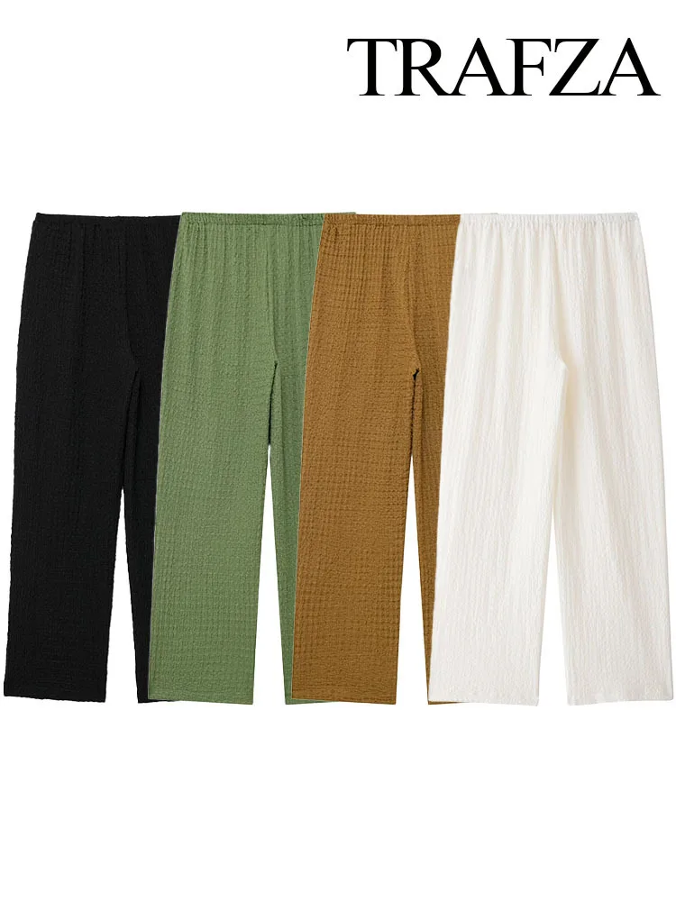 BabYoung Summer Fashion Women Long Solid Elastic Waist Ruched Texture Trousers Female Mid-Waist Casual Wide Leg Pants