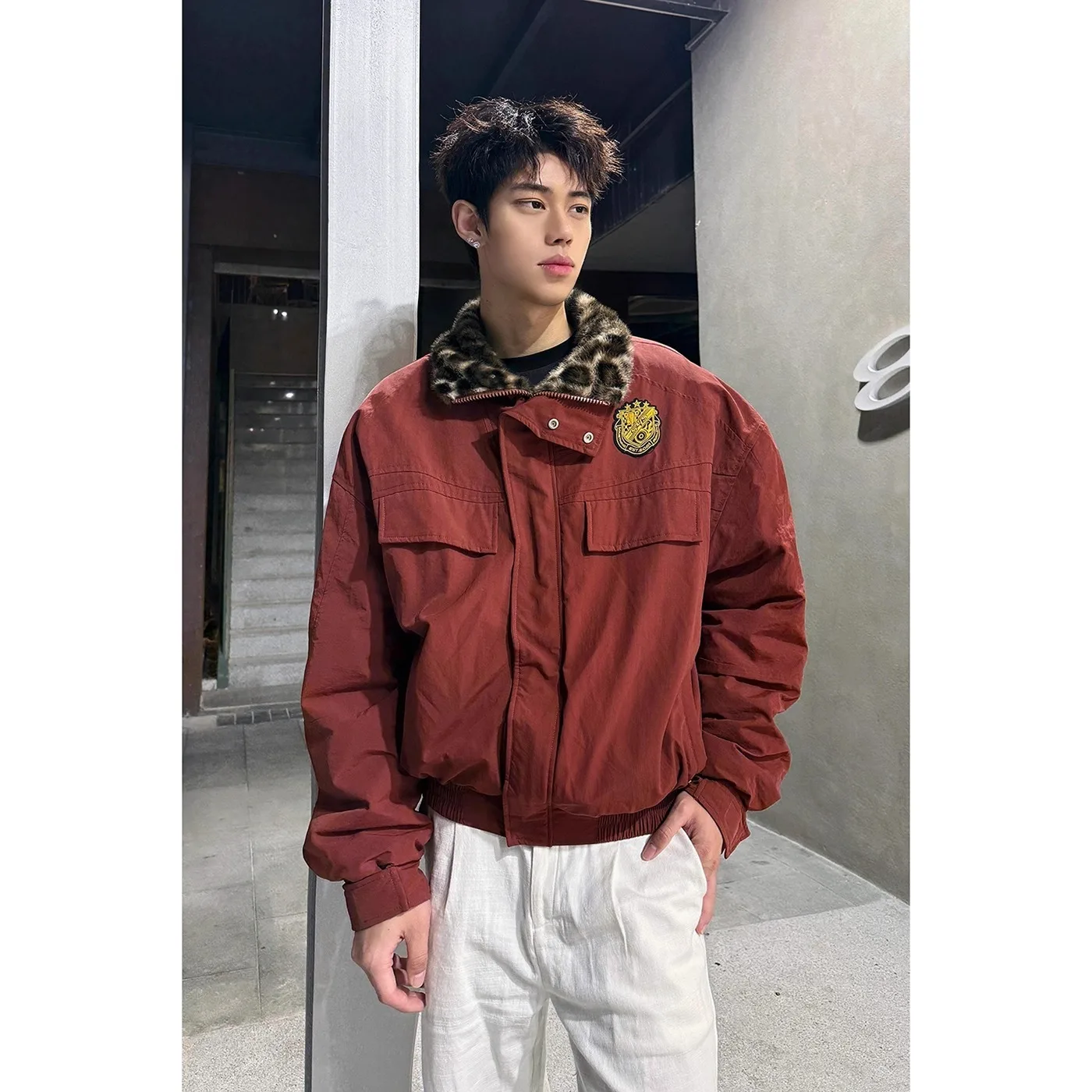 

Autumn Winter Large Size 250 Pou Leopard Print Fur Collar Parka Cotton Jaet Men's Workwear Cleanfit Mountain Eagle Coat