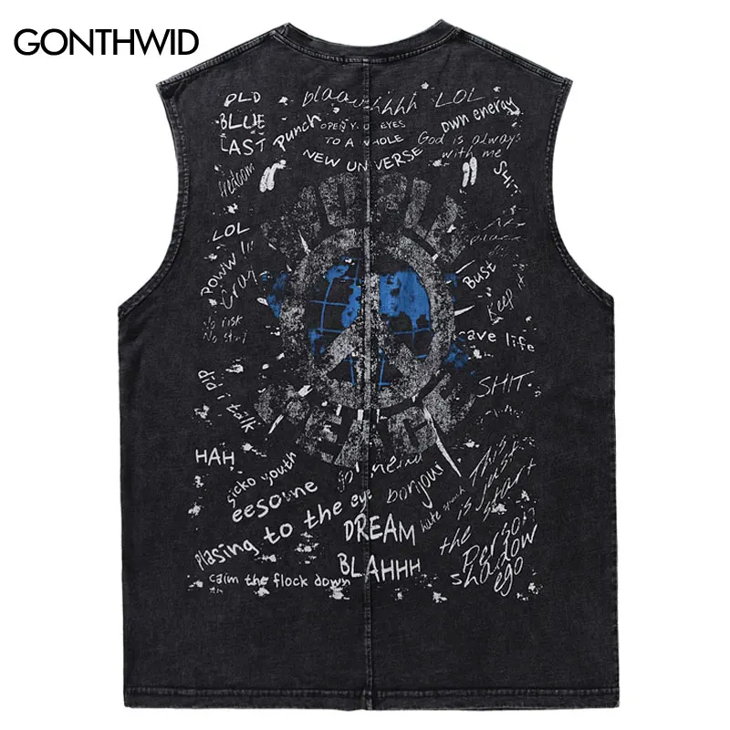 Vintage Tank Tops Streetwear Hip Hop Graffiti Letter Eye Graphic Print Sleeveless T-Shirt Y2K Men Harajuku Punk Washed Shirts