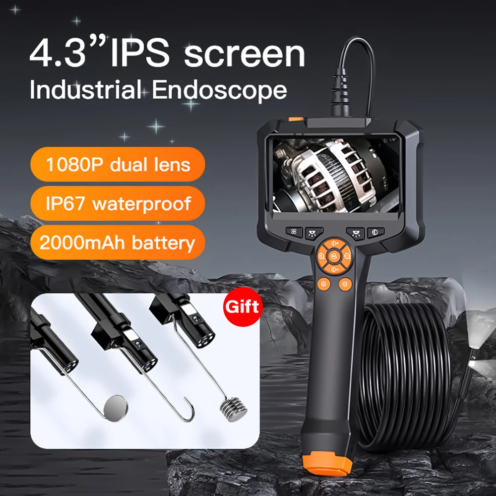 Industrial Endoscope Camera 4.3inch IPS Screen IP67 Waterproof HD1080P 8mm Lens Pipe Sewer Inspection Camera Borescope For Car