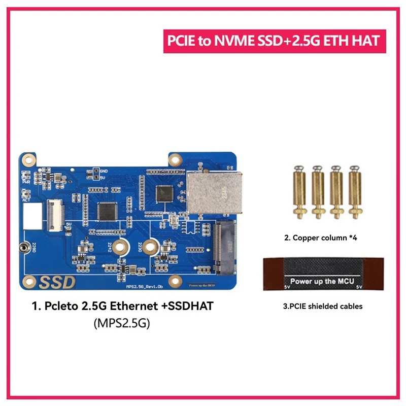 MPS2.5G For Raspberry Pi 5 PCIE To NVME SSD+2.5G ETH HAT RTL8125 Support Rpi OS,Ubuntu, 2280,2242,2230 SSD Durable Easy To Use