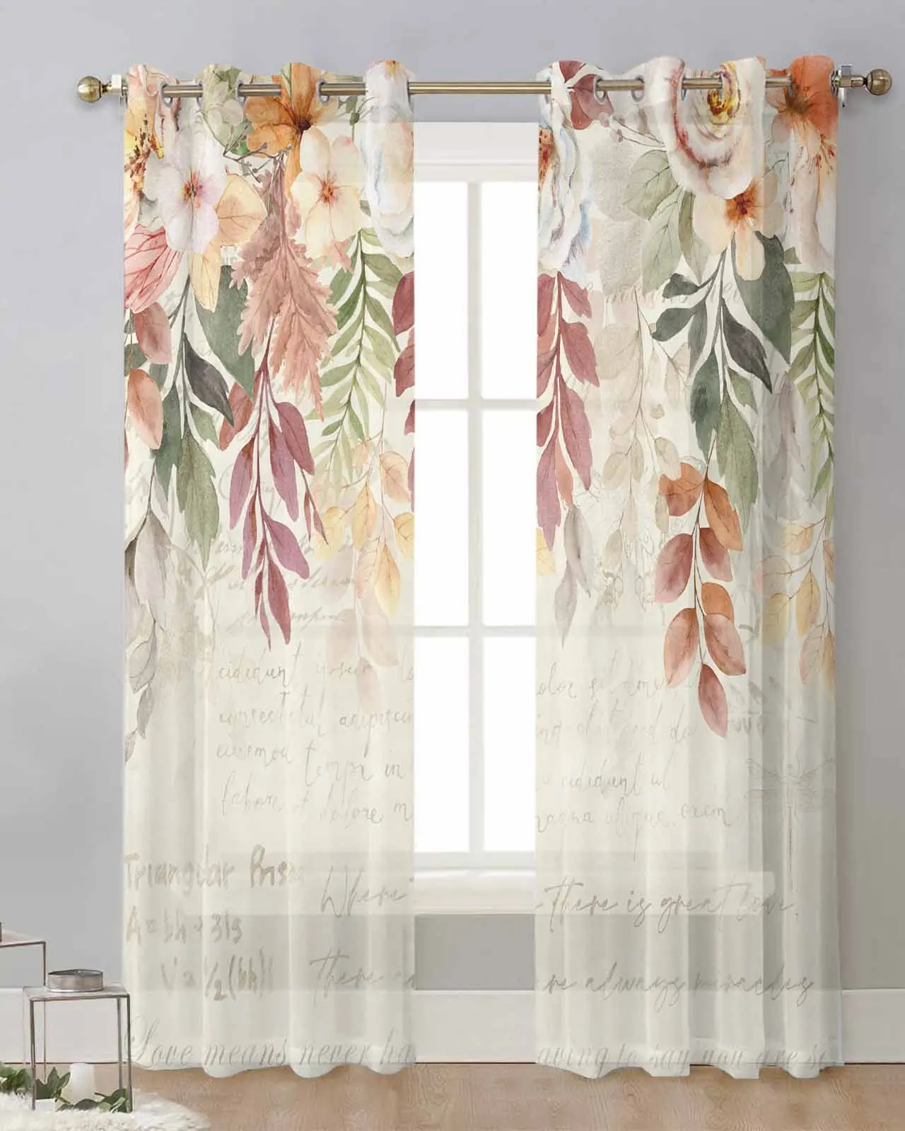 

Autumn Thanksgiving Plant Leaves Flower Beige Letter Voile Curtain Window Treatment Drapes for Living Room Tulle Sheer Curtains