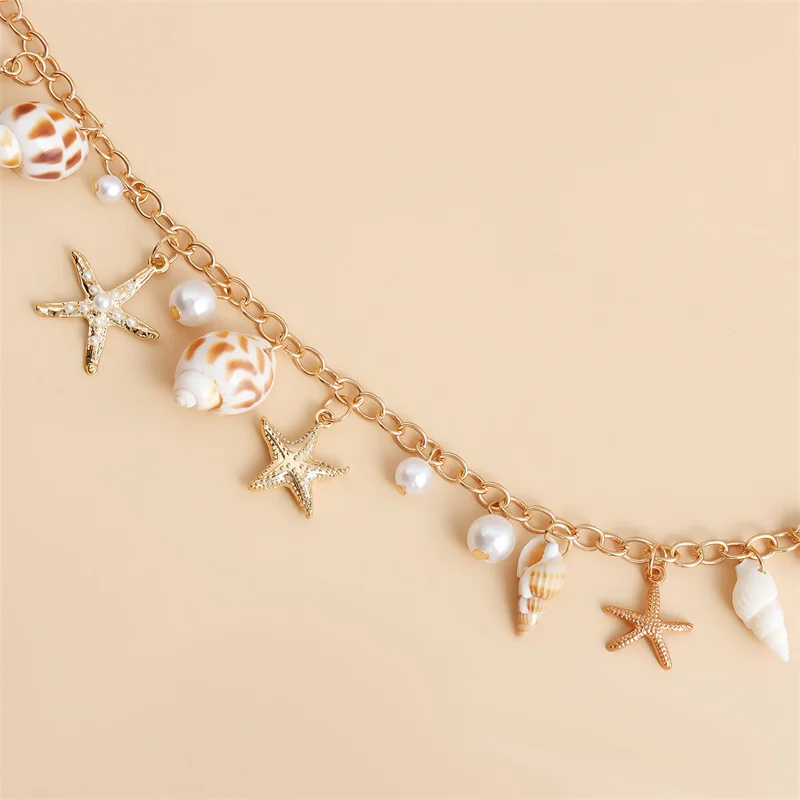 Bohemian Summer Beach Shell Waist Link Imitation Pearl Sea Star Conch Pendant Body Chain for Women Fashion Jewelry Accessories