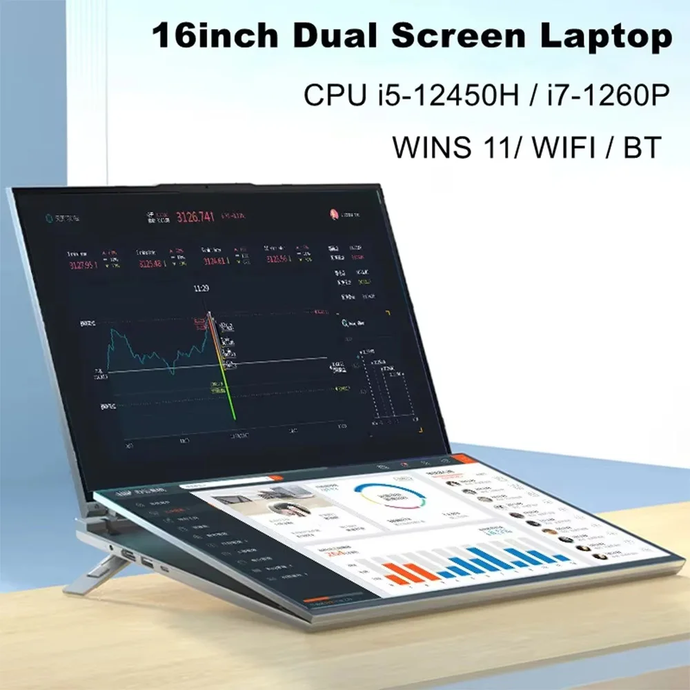 แล็ปท็อป GLF-S1 จอคู่ขนาดใหญ่ 16+16 นิ้ว Intel i7-1360P Windows 11 รองรับ DDR4 2 ช่องสูงสุด 64GB M.2 2280 2TB WIFI แล็ปท็อปจอคู่