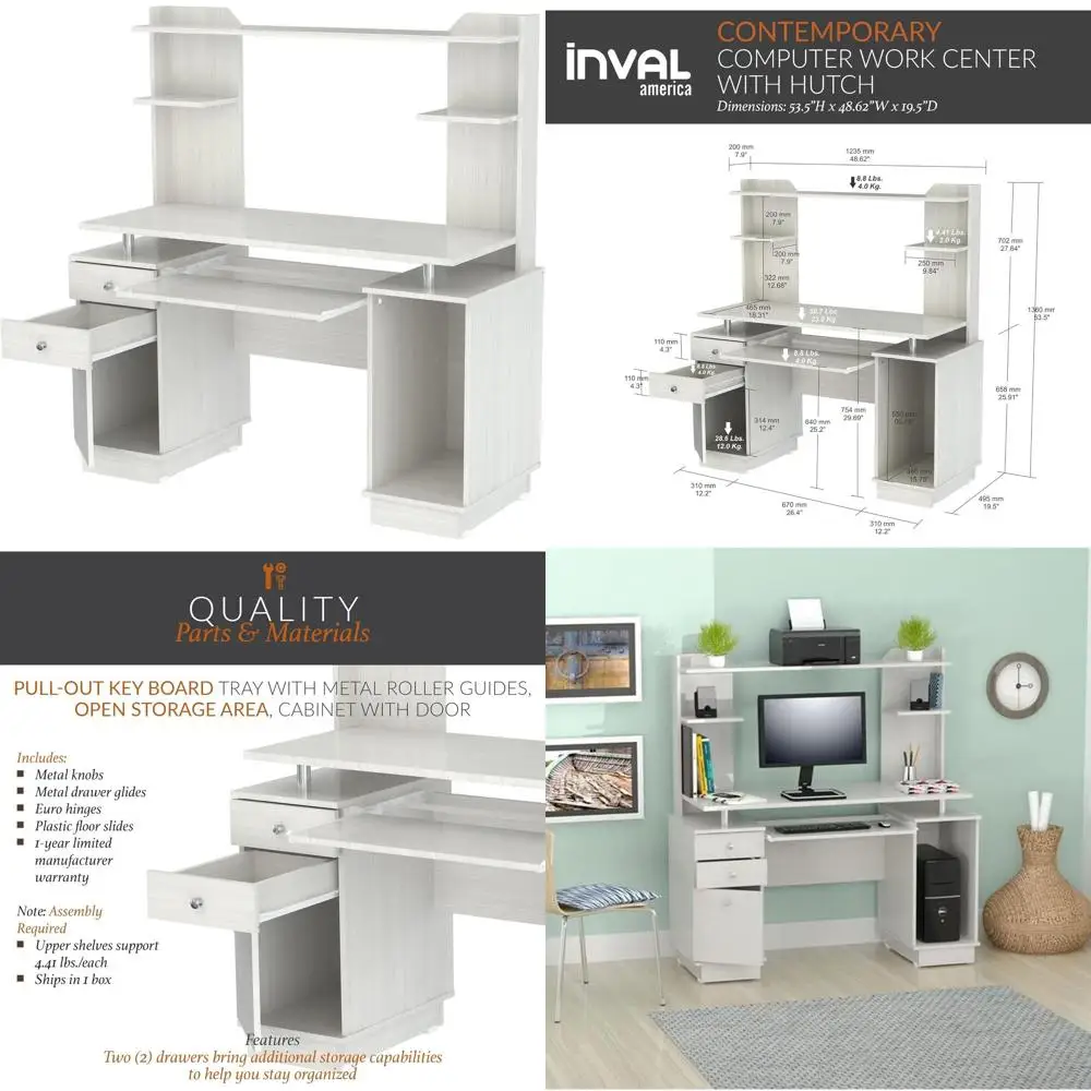 أمريكا، 53.5 بوصة ارتفاع × 48.62 بوصة عرض × 19.5 بوصة عمق، مركز عمل من خشب البلوط المغسول مع حافظة، صينية لوحة مفاتيح قابلة للسحب، أدراج، محطة عمل مكتبية