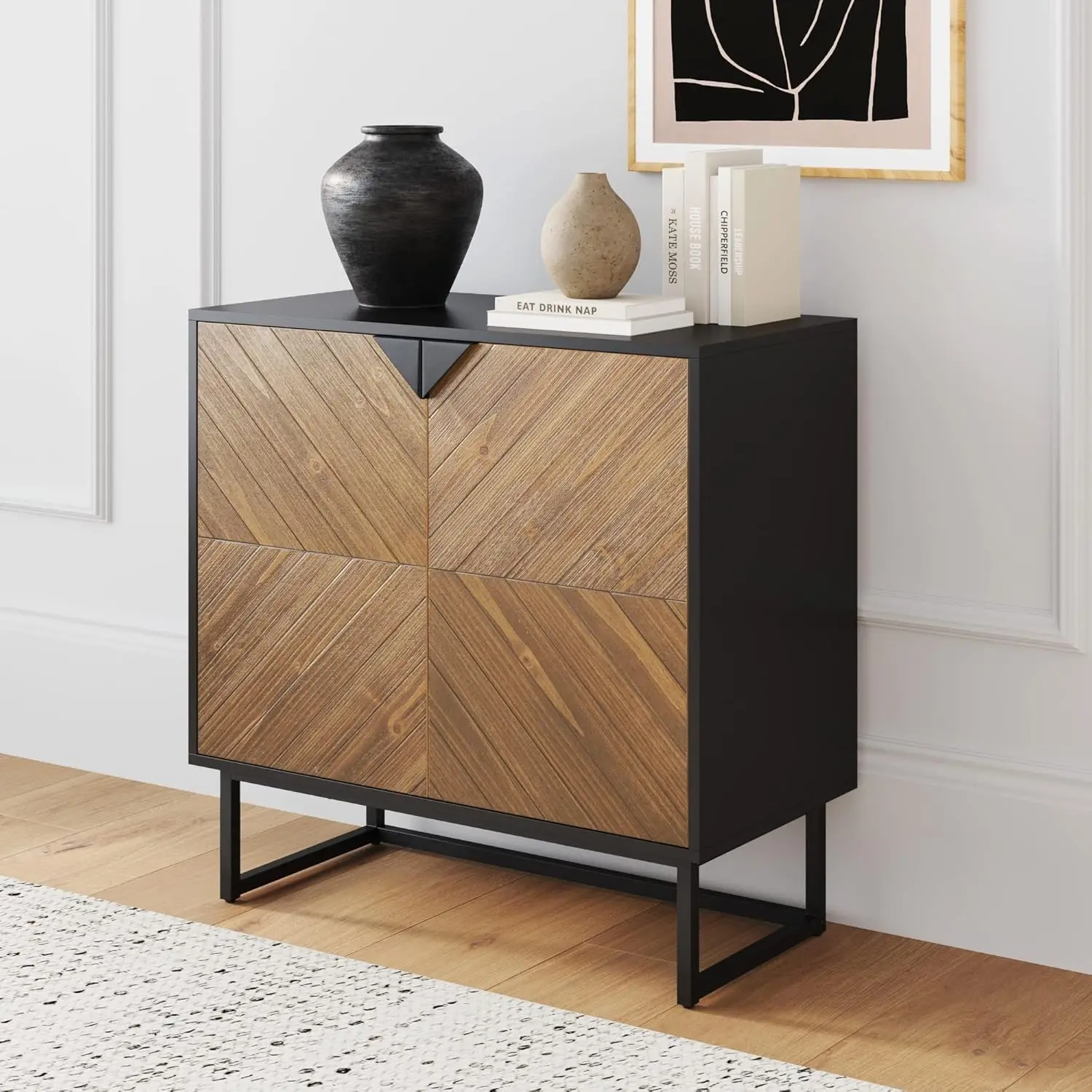 

Modern Sideboard Buffet Storage Accent Cabinet Black with Doors in a Rustic Pine Wood Finish and Matte Metal Base for Hallway