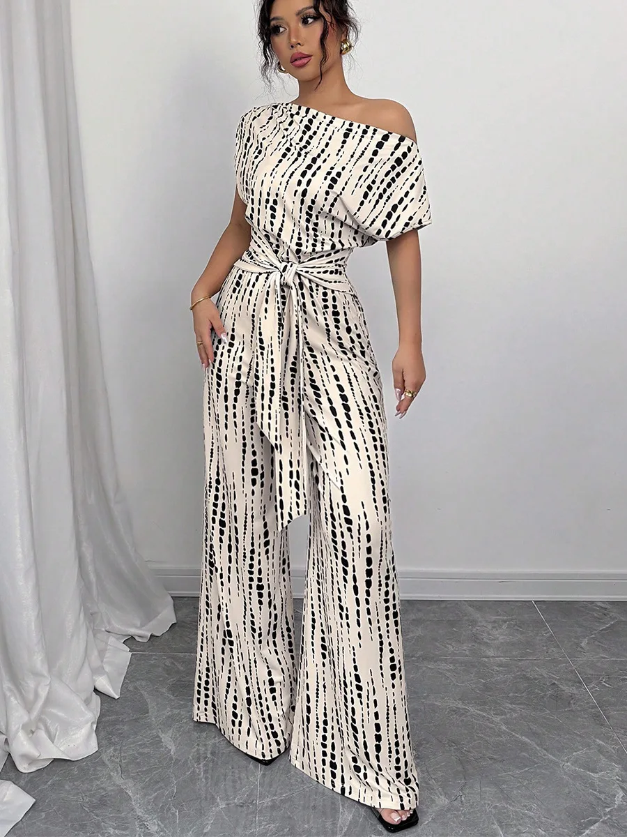 

Rh European And American Striped Jumpsuit 2025 Summer Vacation Style Oblique Shoulder Strap Jumpsuit Wide-leg Trousers