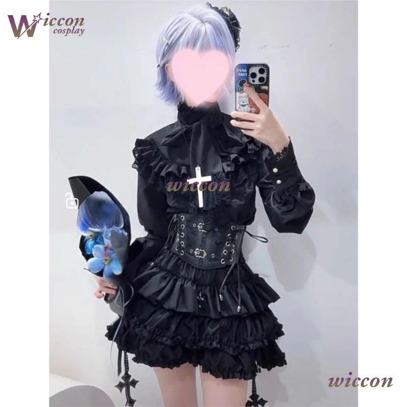 

WuHu Japanese Sweet Lolita Stand Neck Ruffled Shirt Y2k Aesthetic Lace Patchwork Grunge Blouse Women JK Loose Puff Sleeve Blouse