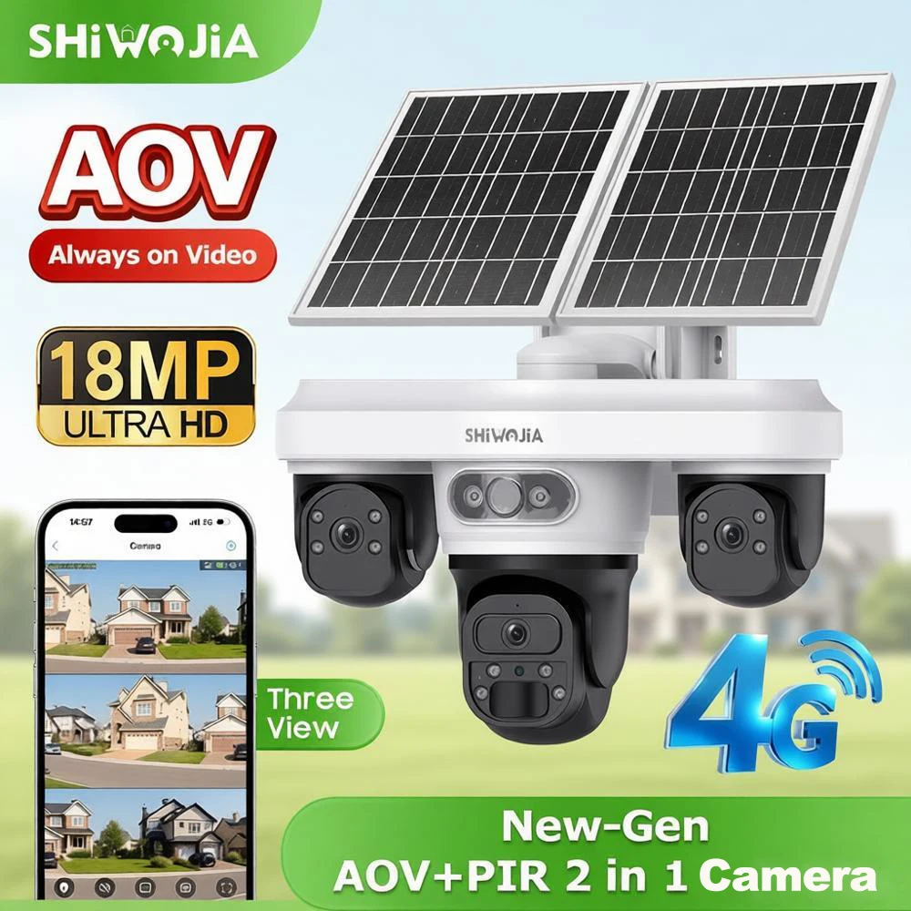 

Уличная камера видеонаблюдения SHIWOJIA 18MP AOV на солнечной энергии с 4G SIM, записью 24/7, 3 экранами, PIR-датчиком, солнечной панелью 20 Вт и аккумулятором 20100 мАч