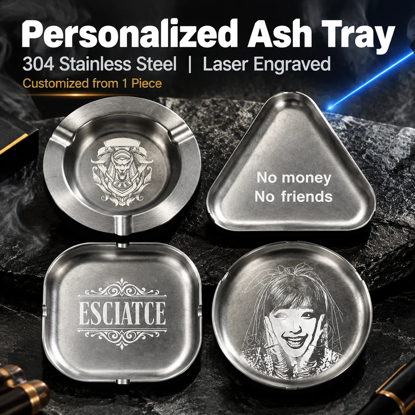 304 Stainless Steel Ashtray Photo Custom Logo Vintage Distressed Korean Style Cigar Ashtray DIY Laser Engraving Gift For Men