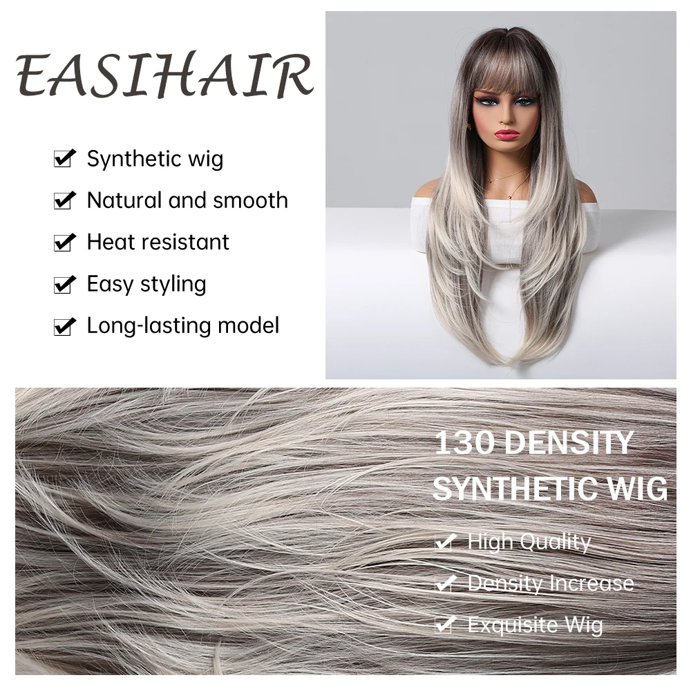 Synthetic Wigs Ombre Silver Gray Long Straight Layered Wigs with Bang for Women Daily Cosplay Party Natural Heat Resistant Wigs