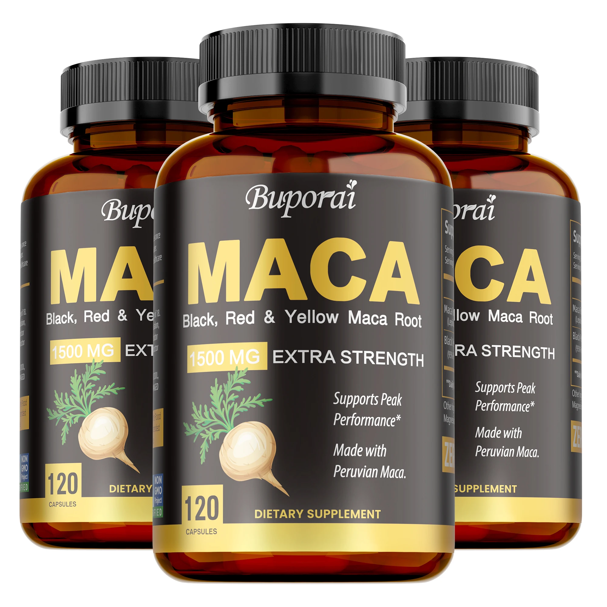 Organic Maca Root Powder Capsules with Black + Red + Yellow Peruvian Maca Root Extract Supplement for Men Women