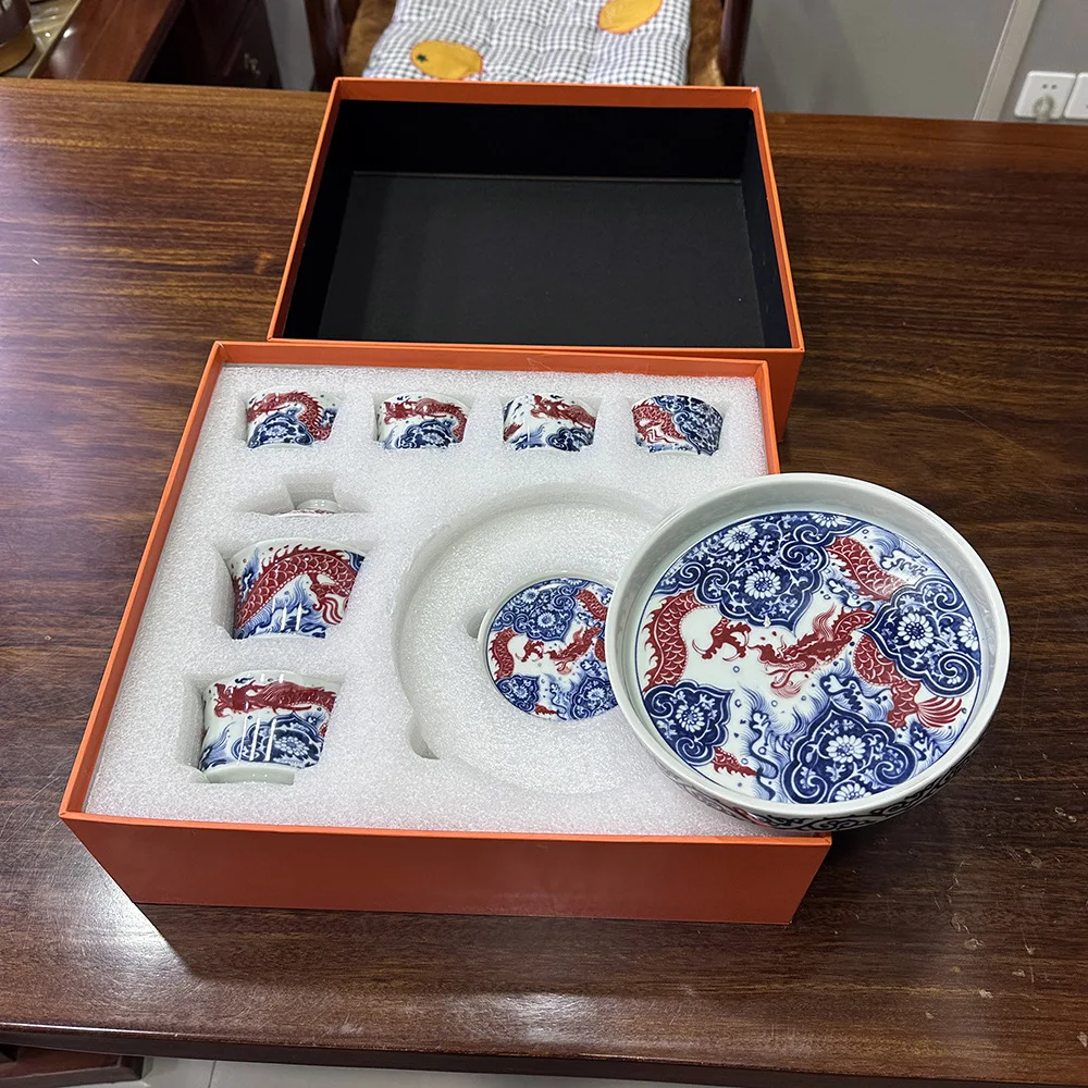 Jingdezhen Handmade Blue and White HAILANG Red Pattern Tureen High Grade Porcelain Two Men Horseshoe Cup Set Gift Box