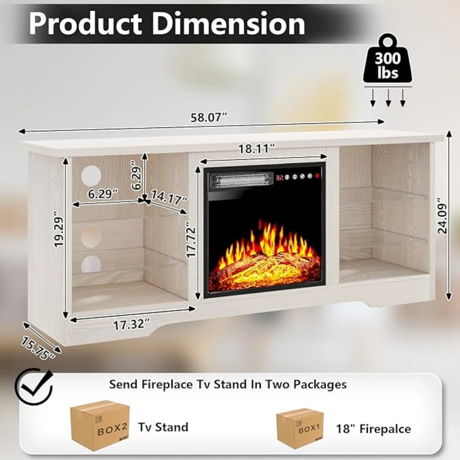 Kamin TV-Ständer mit 18 ''-Kamin, modernes Unterhaltung zentrum für Fernseher bis zu 70 Zoll, mit verstellbaren Glas regalen und Lagers chränken