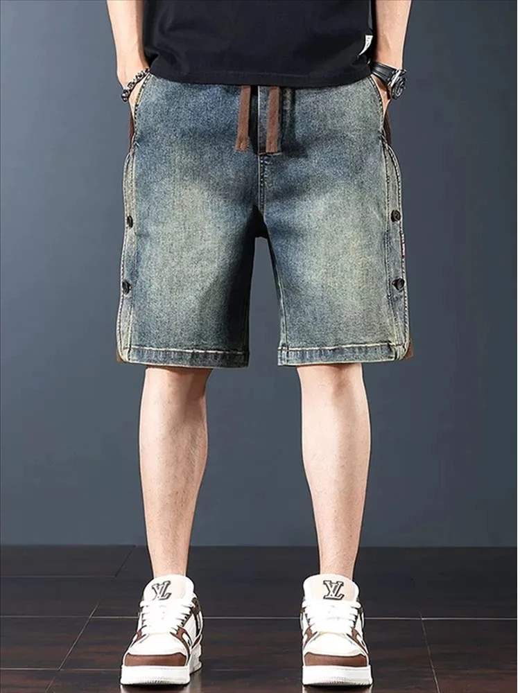 

American Sle Heavyweight Waed Denim orts Men's Summer New Loose Five-Quarter Elastic Waist Trendy Brand Button Pants