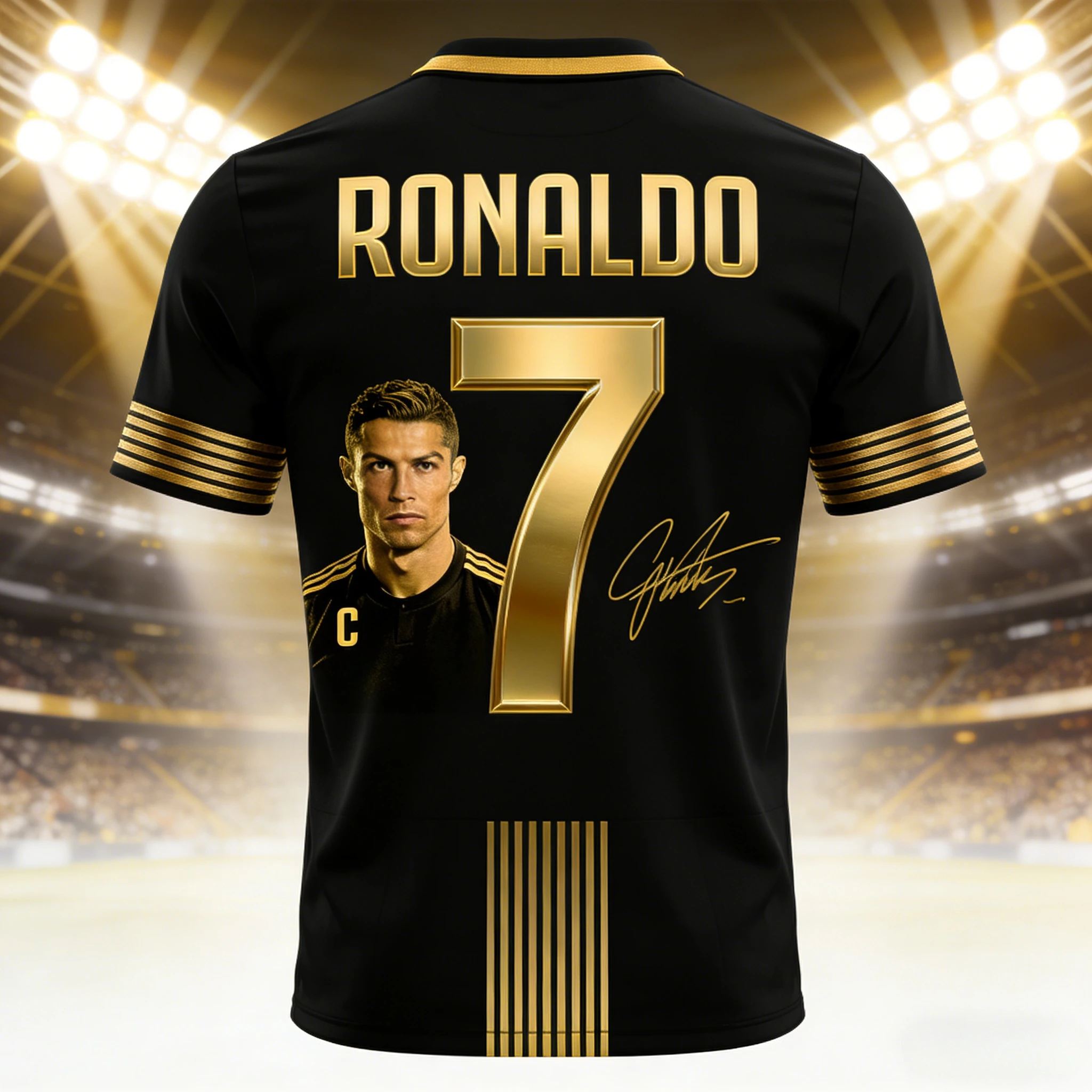 عرض ساخن لعام 2026 رونالدو # 7 جيرسي باللون الأحمر والذهبي - رقم واسم معدني، ملابس جامعي فاخرة ممتازة لمحبي النجمة المميزة