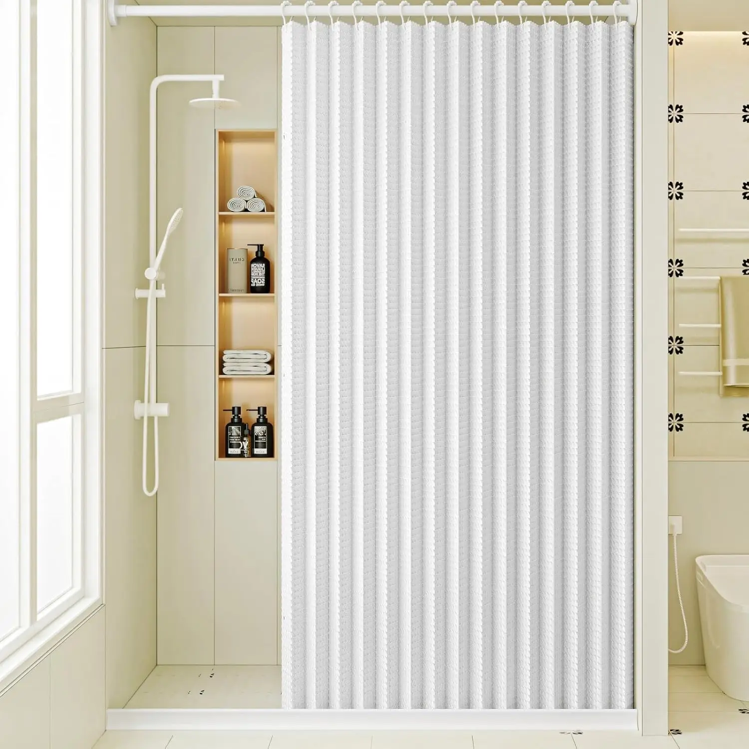 Folding Waterproof Waffle Shower Curtain with Hooks, Magnetic Shower Curtain for Bathroom, Splash-Proof Shower Curtain