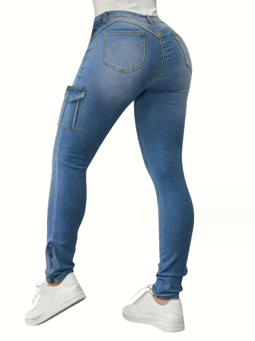 Calça apertada feminina de cintura alta, design de bolso, calça dupla com zíper lateral, roupa casual, nova moda, outono, Y2K, 2023