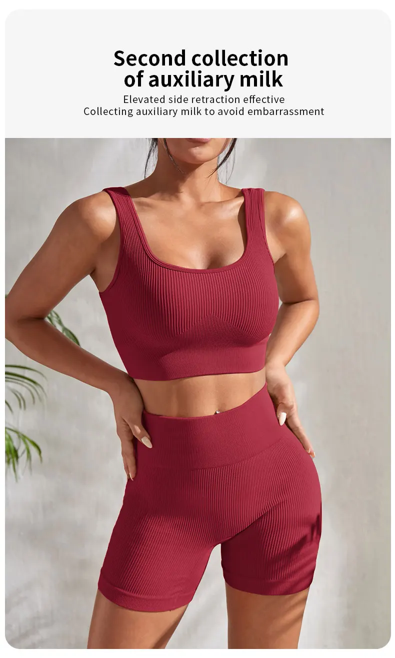 Nahtloses, geripptes Fitness-Set für Damen, einfarbig, gestrickt, 2-teiliges Workout-Outfit, bauchfreies Tanktop, Shorts mit hoher Taille, Yoga, Laufen – Detail 4