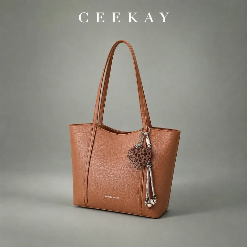 CEEKAY Glossy Leather Hobo Bag Knotted Strap Pom Charm Dot Scarf All-Match Daily Wear Roomy Elegant Chic Classic for Women