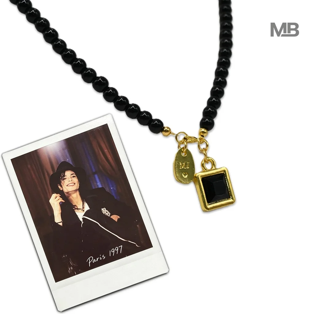 Michael Jackson 1997 Paris Vintage Cosplay Square Necklace Fashion Accessory Black String of Beads Souvenir Prop