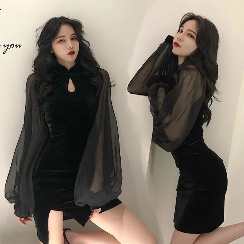 Women Cheongsam Dress Velvet Side Split Lantern Sleeve Slim Vestidos Korean Summer Sexy Mesh Evening Dresses Y2k Mini Dress