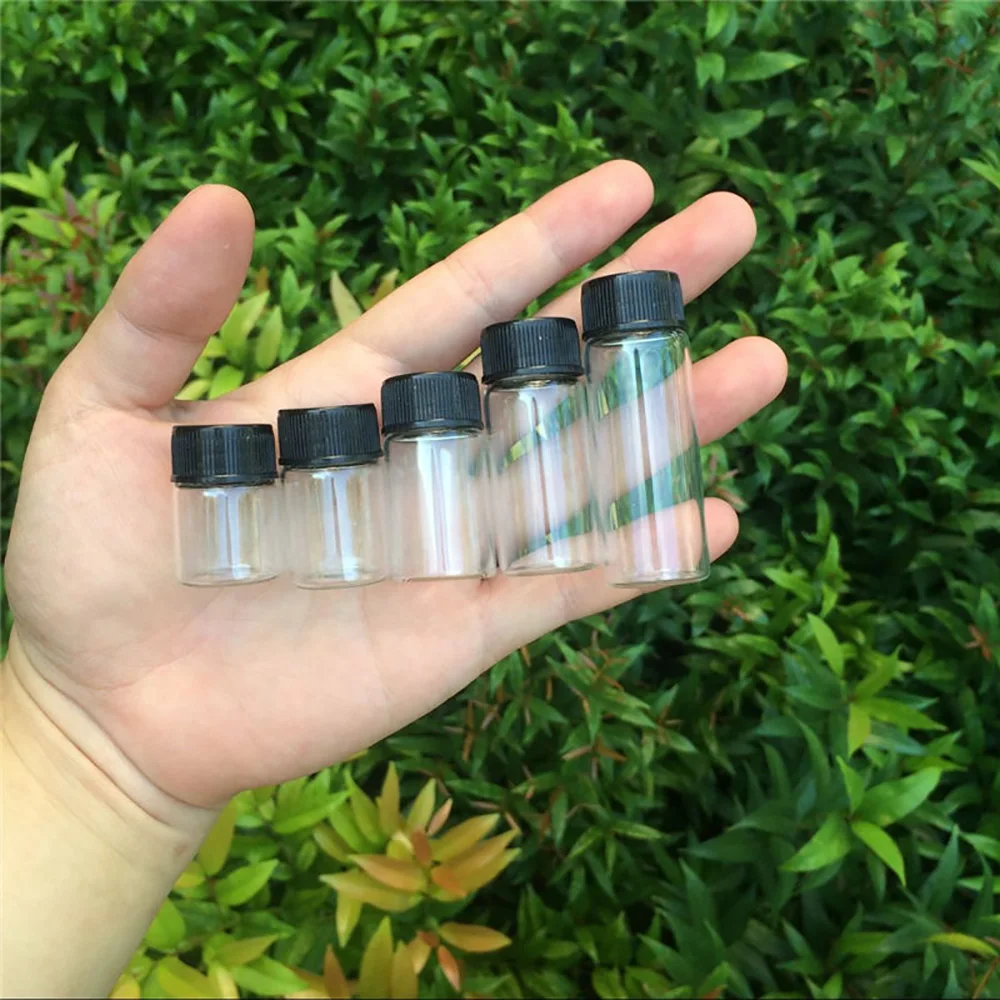 5ml 6ml 7ml 10ml 14ml Mini Clear Glass Bottles Black Plastic Cap Vitreous Crafts Vials Reusable Decorate Gifts Jars 100Pcs