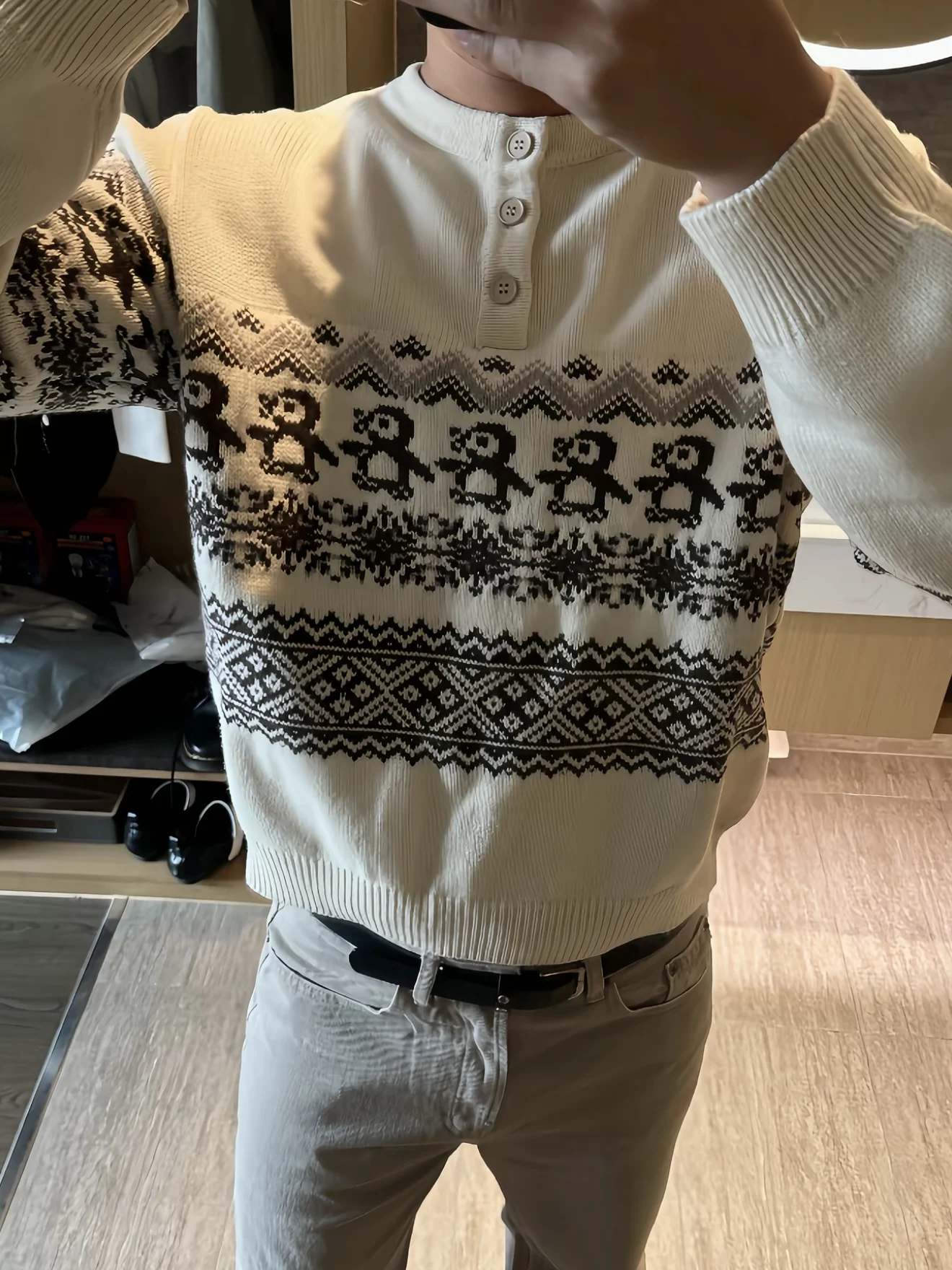 Cisas Penguin Retro Fair Isle محبوك سترة مستديرة للخريف والشتاء متعددة الاستخدامات غير رسمية طويلة Sve نمط هندسي دافئ