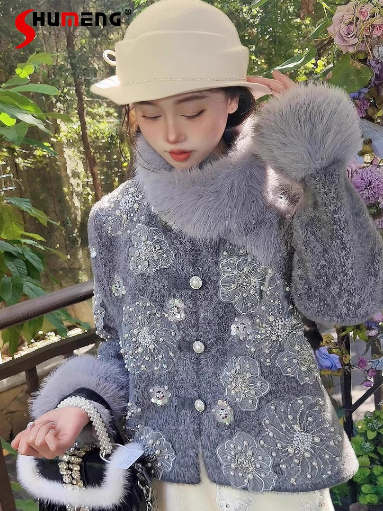 

Женские осенне-зимние новые маленькие ароматные легкие роскошные элитные куртки 2023, женские утолщенные пальто с блестками и цветочной вышивкой из бисера