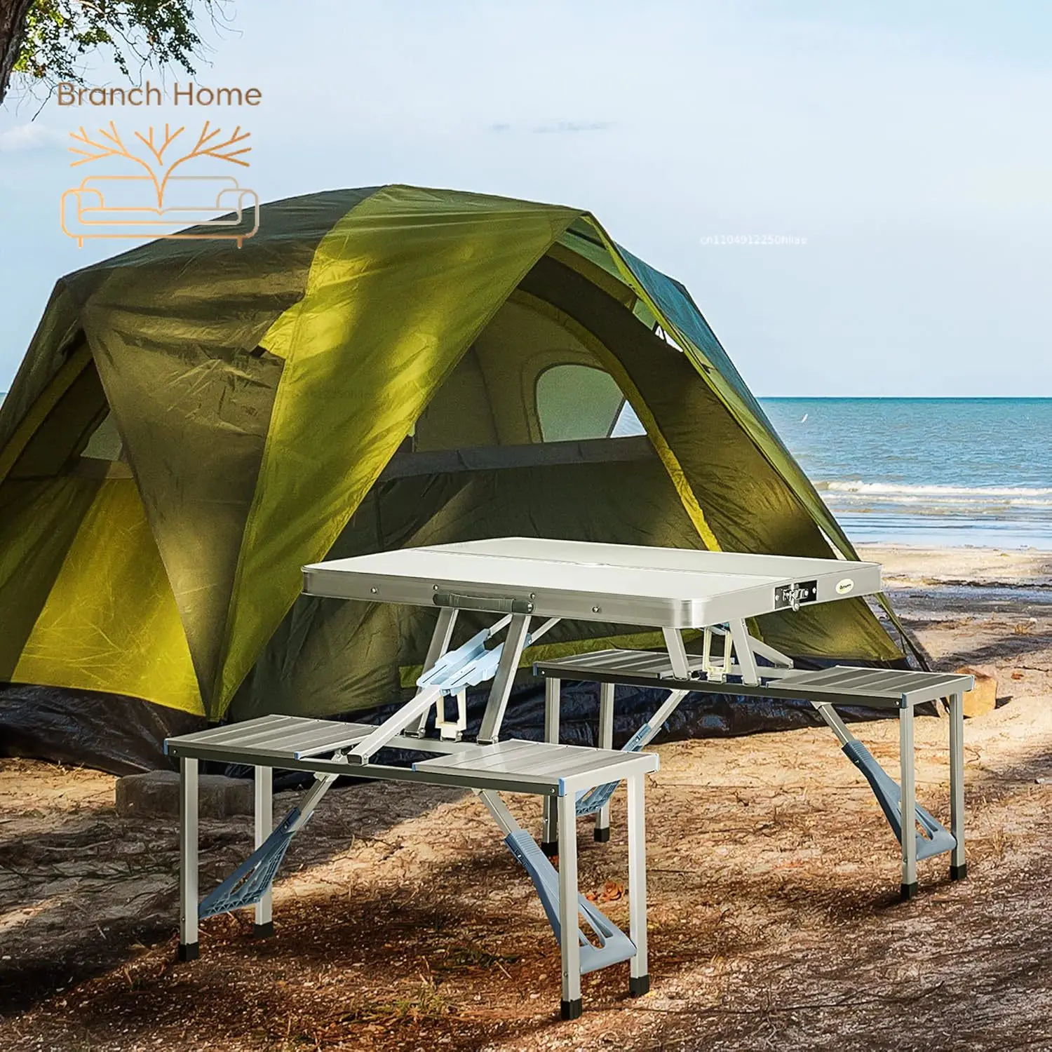 Folding Picnic Table with Umbrella Hole, Aluminum Suitcase Portable Outdoor Table with Bench, Patio, Porch or, Customized