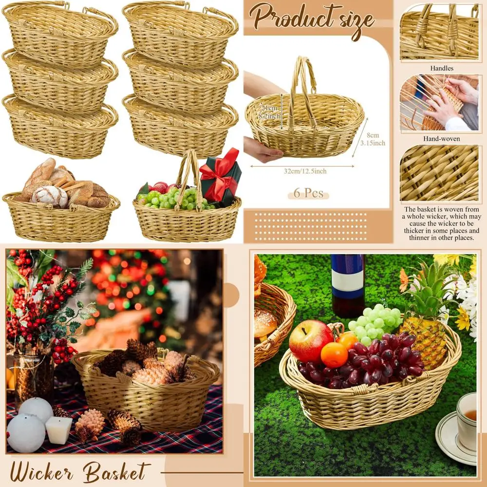 

sintuff 6 pcs wicker picnic basket with handle 12.6 x 8.27 x 3.15 inches oval willow woven braided gifts basket for harvest flow