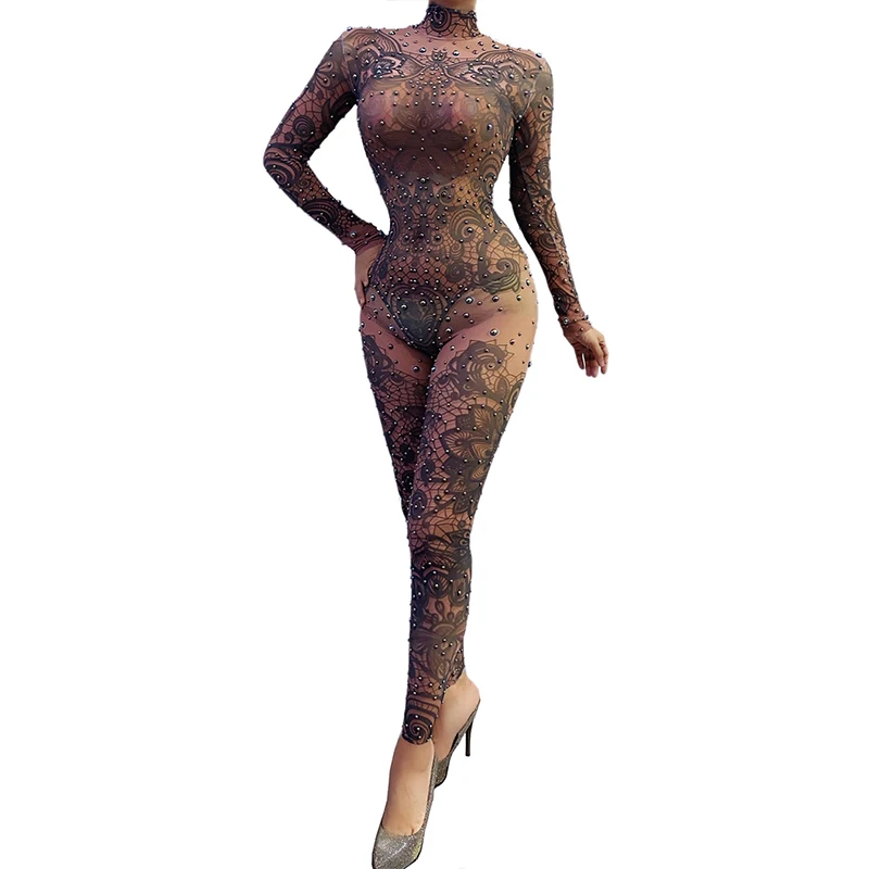 고고 댄서 의류 여성용 무대 복장, 라인석 프린트 신축성 바디 수트, 나이트 클럽 바 댄스복, 레이브 축제 의류 2750