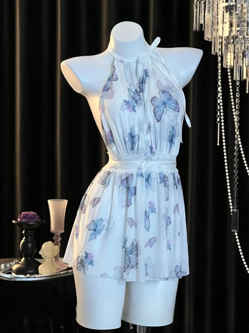 

Сексуальная сказочная бретелька, прозрачная мини-юбка с открытой спиной и принтом бабочки, чистое спальное платье для женщин, очаровательная и романтическая пижама