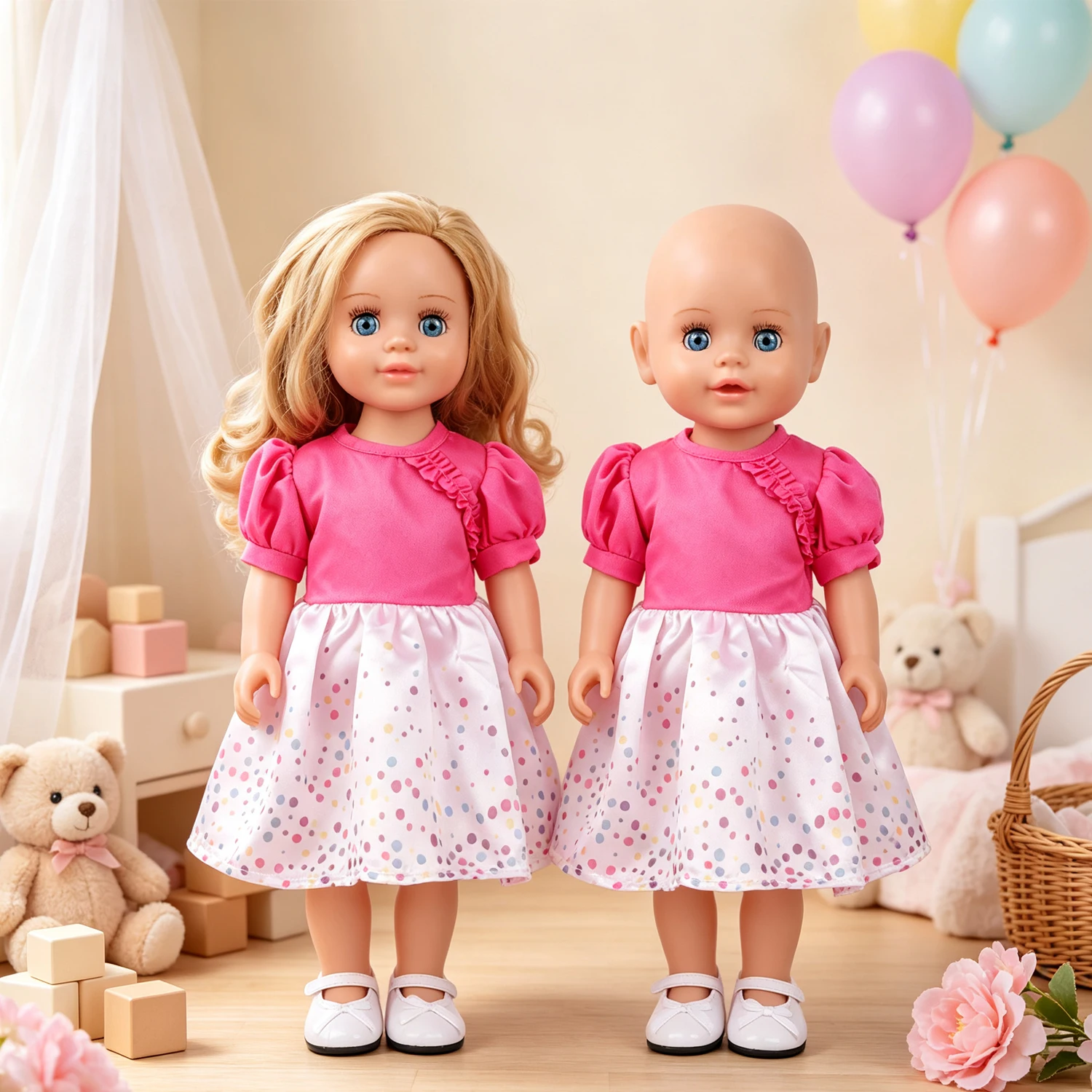 Pink Puff Sleeve Multi Polka Dot Doll Dress Set Cute Bow Shoes Fashion Clothes For 18