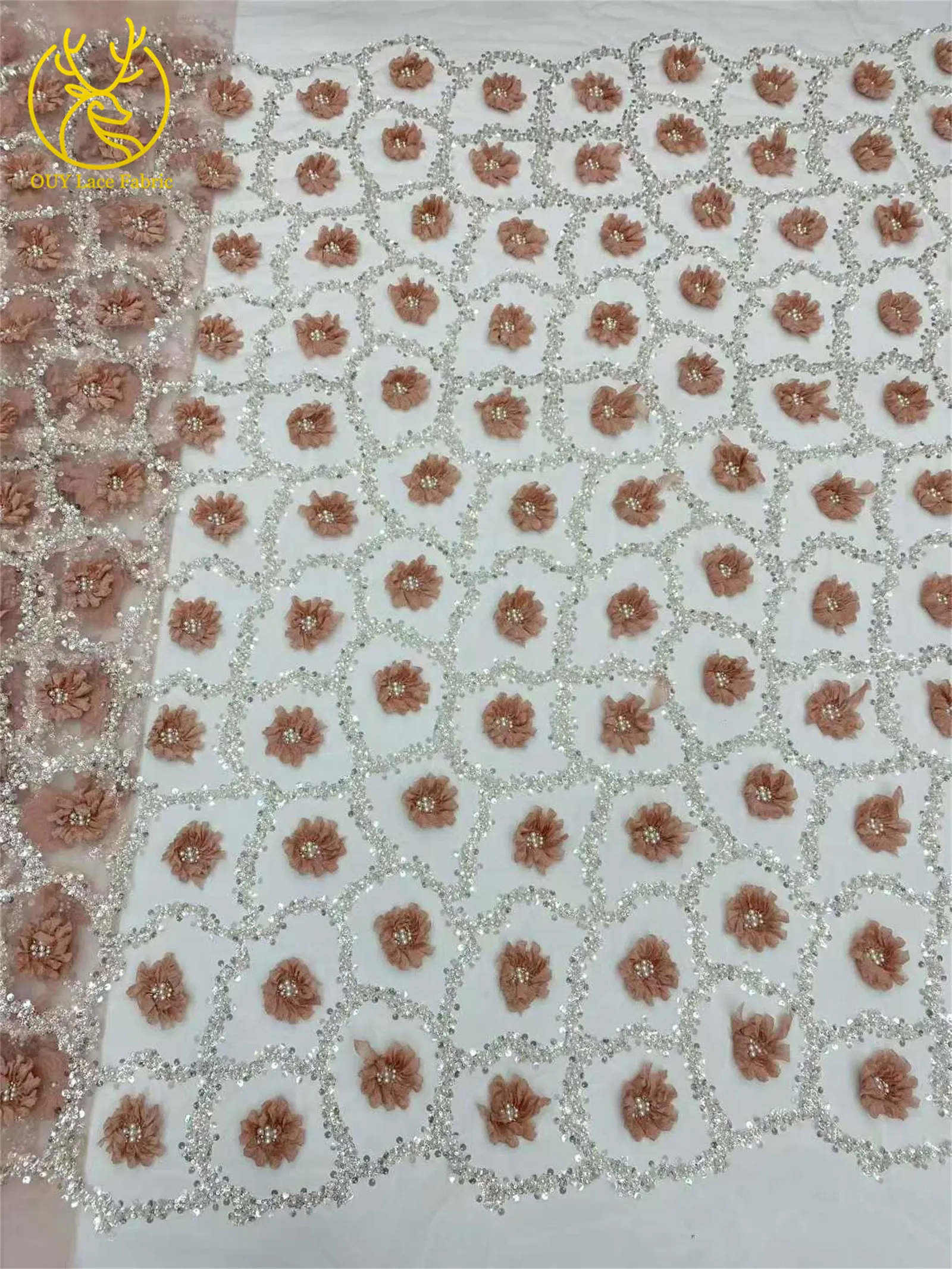 Elegantes Abendkleid 3D-Blumen-Spitzenstoff Afrikanischer Pailletten-Perlen-Spitzenstoff Hochwertiger Nigerianischer Französischer Tüll-Spitzenstoff – Detail 15