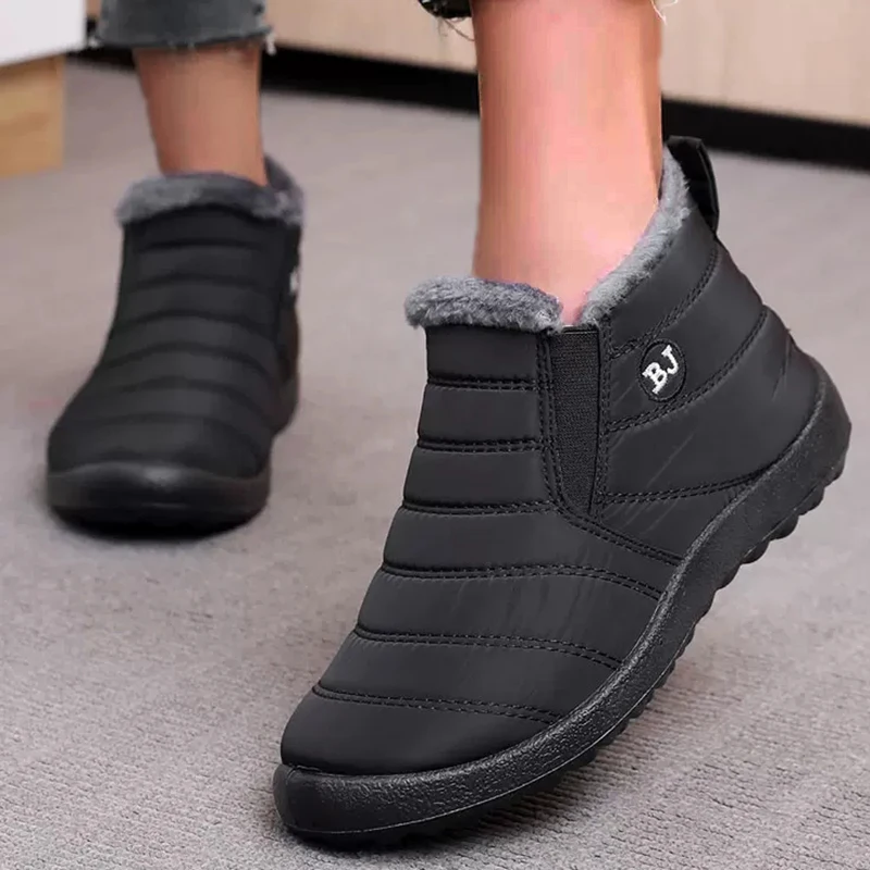 2024 Winter Sneakers Shoes Waterproof Women Ankle Shoes For Women Solid Chunky Sneakers Thick Fur Black Mujer Shoes Woman