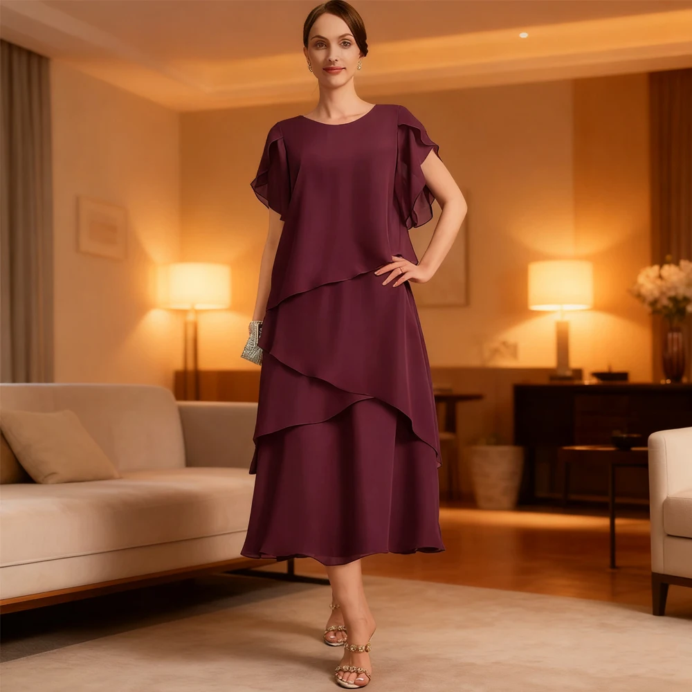 

Exquisite Burgundy Mother of Bride Dresses for Women Beach Jersey Short Sleeve Wedding Party Dresses with Ruffles Robe De Soirée