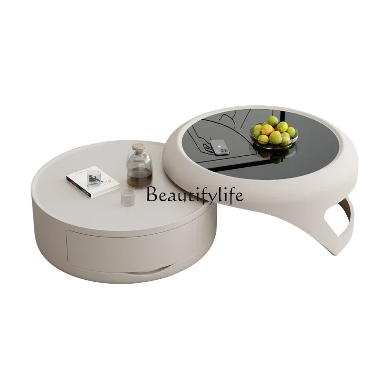

S Y New Cream Style Tea Table Combination Living Room Size round Small Apartment Tempered Glass High Sense
